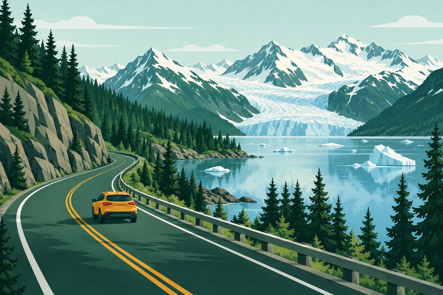 A highway beside snowy mountains, a glacier lake and spruce trees, a typical landscape of Alaska