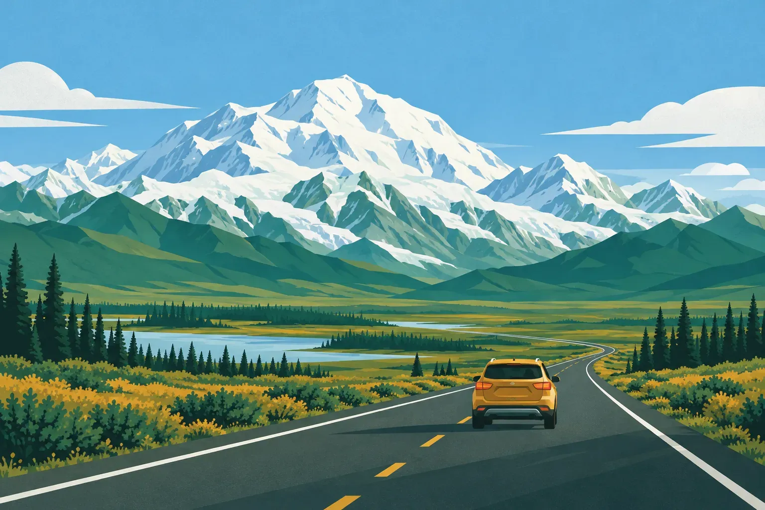 Denali, the snow-covered highest peak of North America, rising above a highway through the tundra, in Alaska